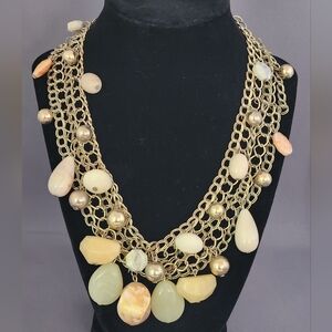Gold-Tone Multi-Strand Statement Necklace with Cream & Pale Peach Beads